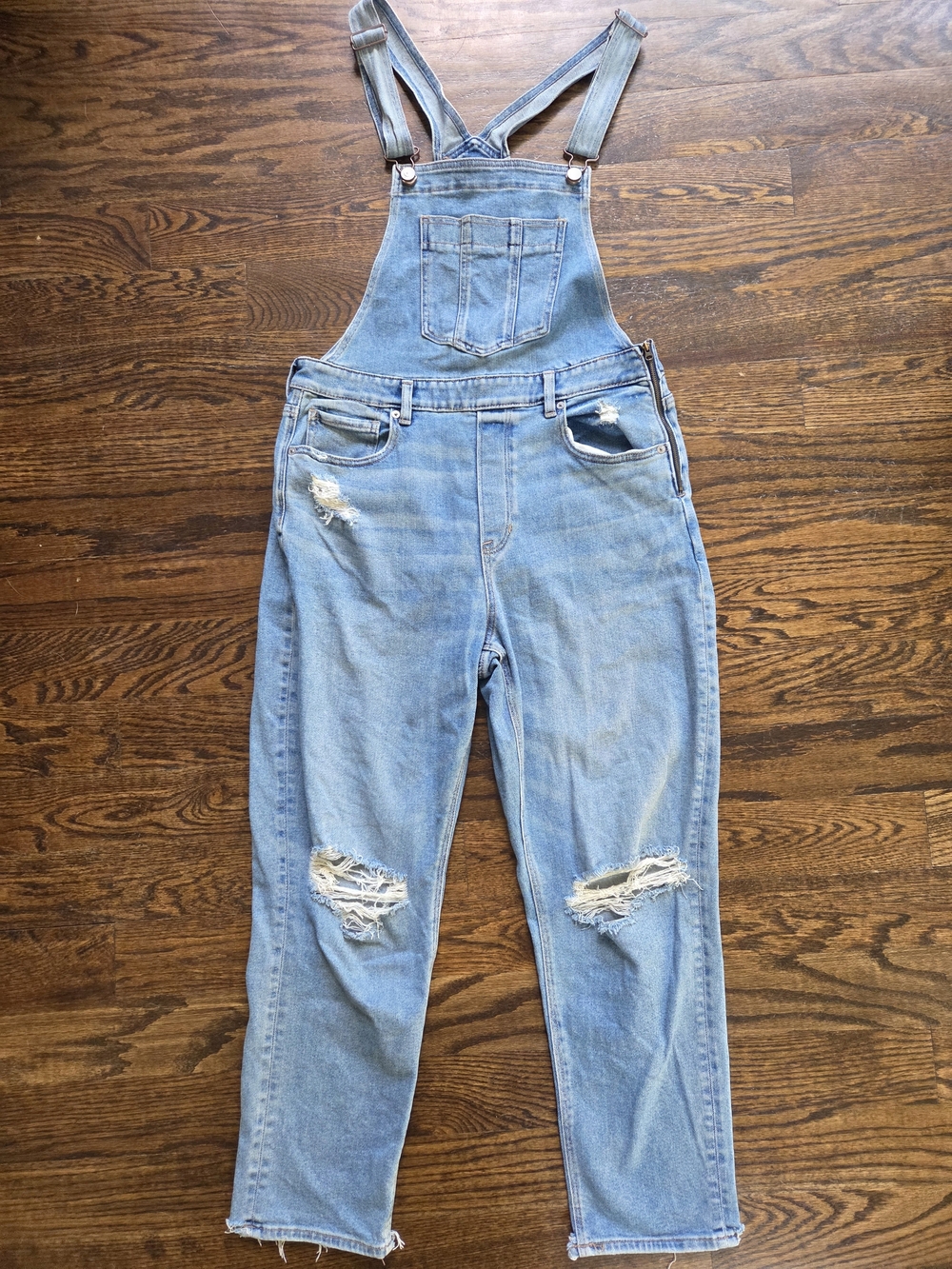 American Eagle Outfitters Light Blue Distressed Denim 'Mom Overalls'